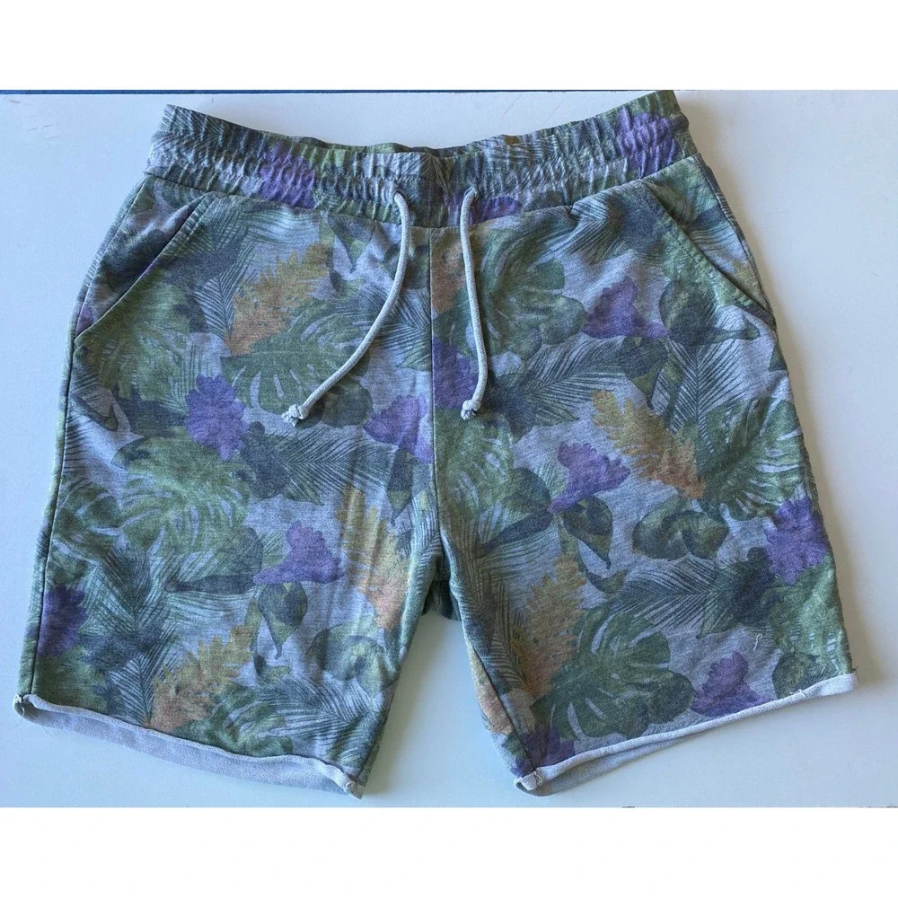 HM‎ Divided Mens Tropical Floral Sweat Shorts Gray Green Purple Raw Hem Size M